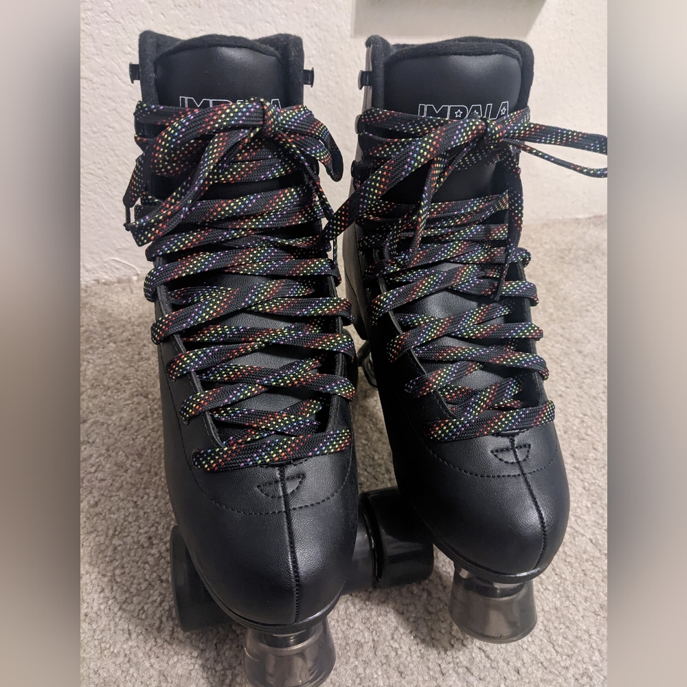 Black Impala Roller Skates Qaud Skates with Rainbow laces